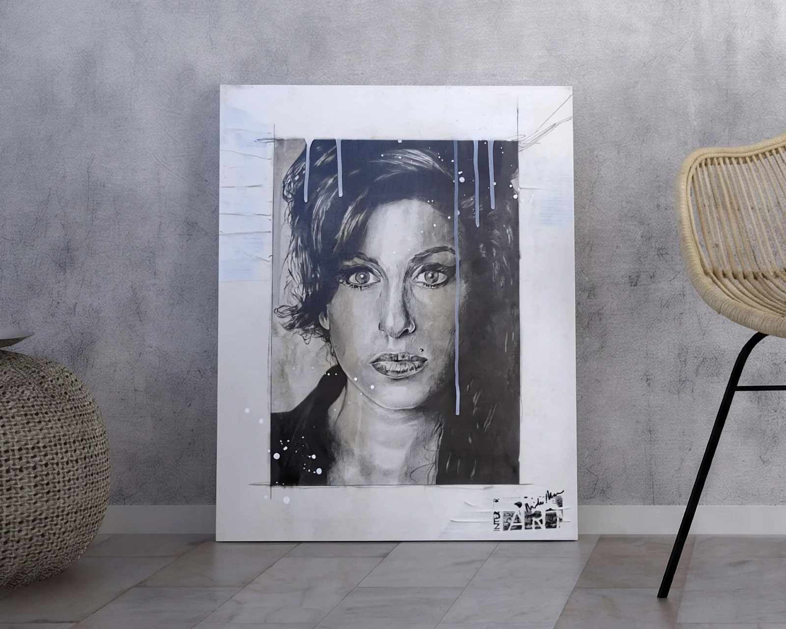 Amy Winehouse quadro acrilico ritratto schizzi bianco nero