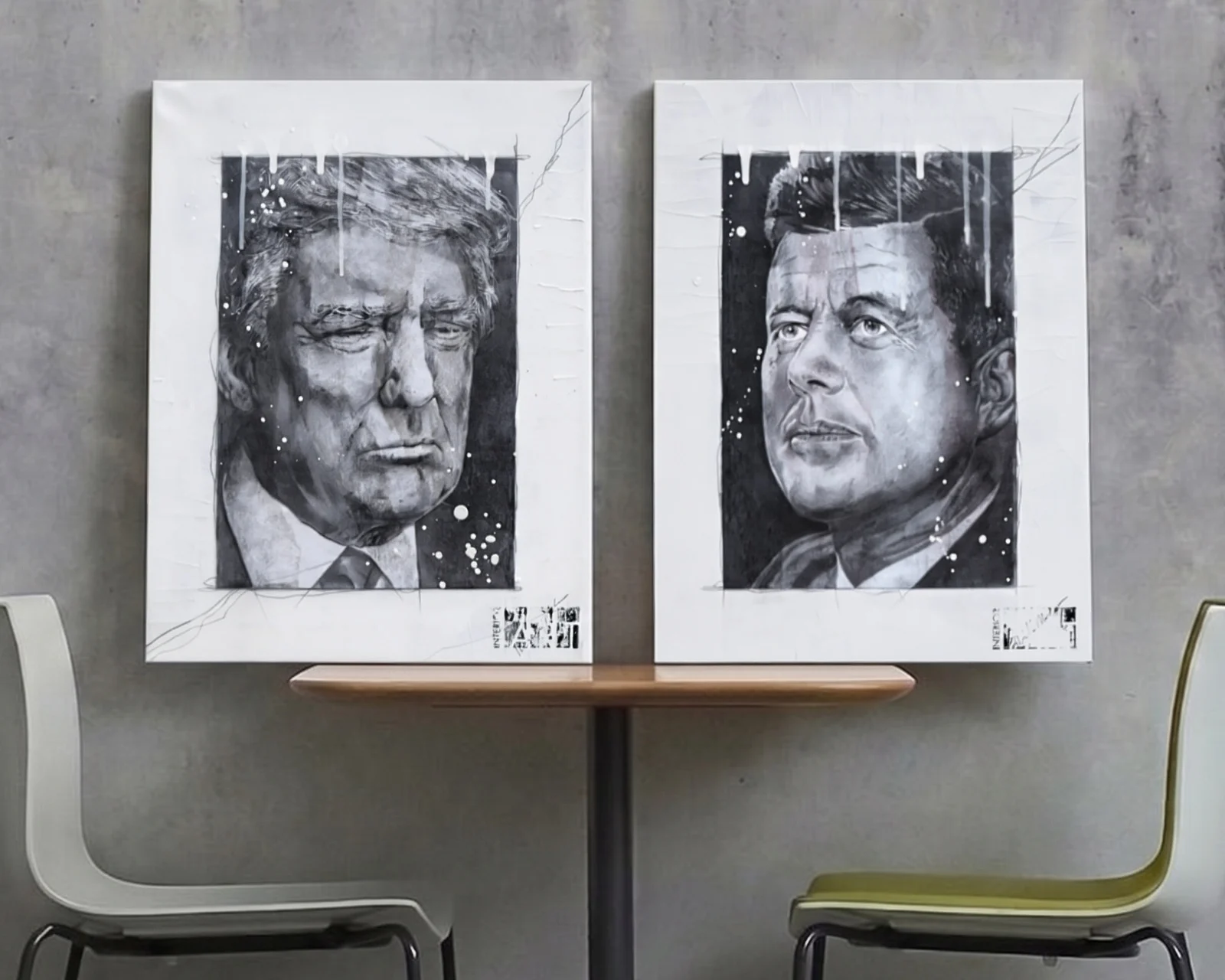 Politically Incorrect Kennedy Trump quadro acrilico ritratto schizzi bianco nero