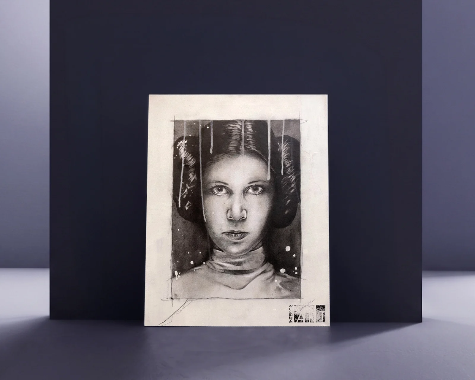 Carrie Fisher quadro acrilico ritratto schizzi bianco nero