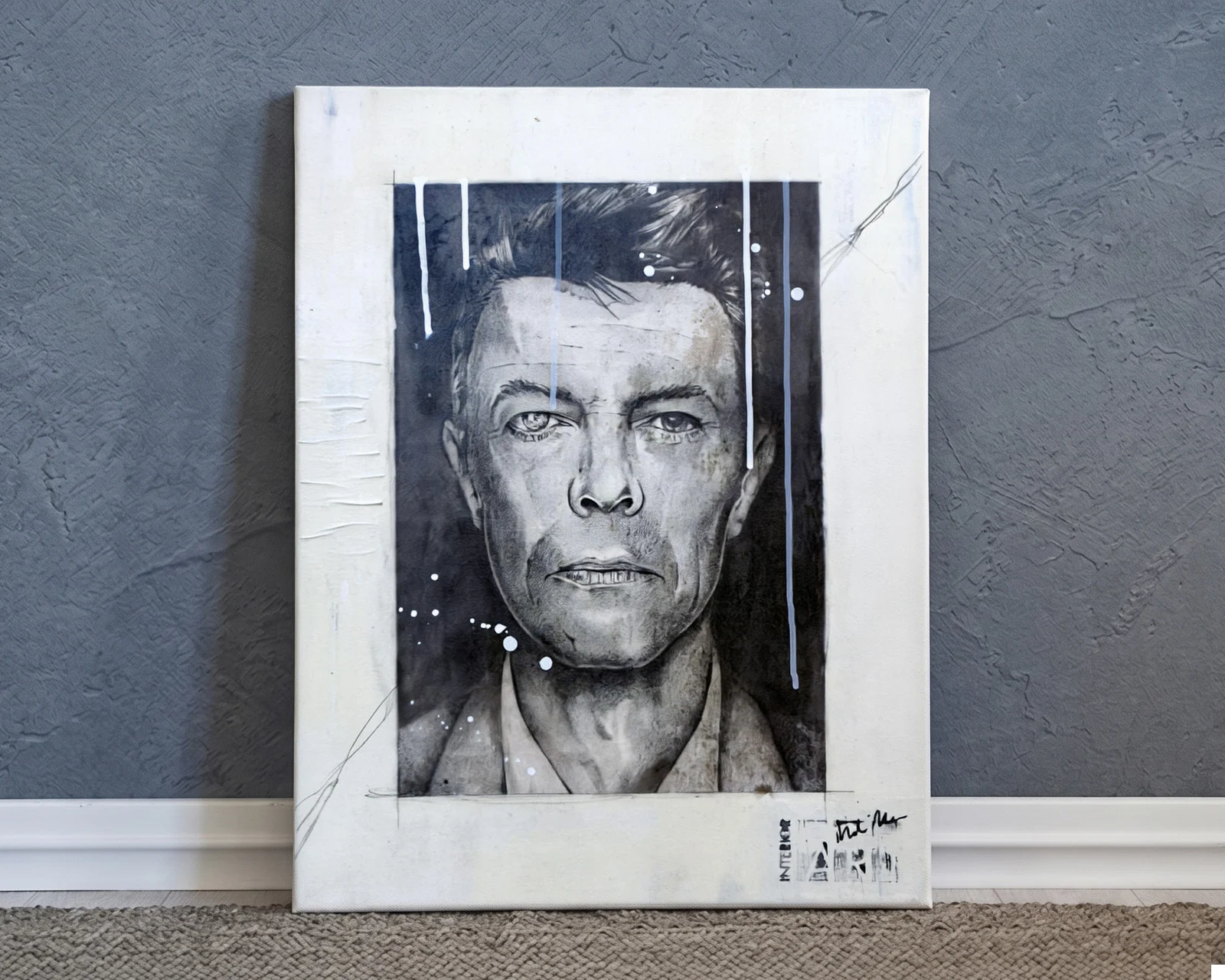 David Bowie quadro acrilico ritratto schizzi bianco nero