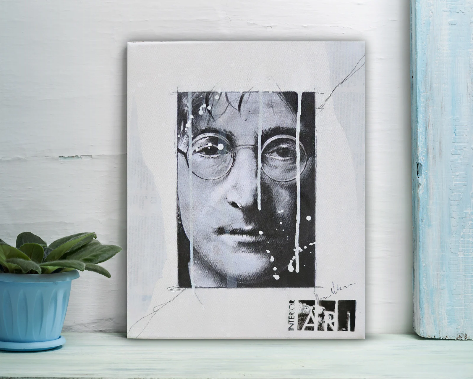 John Lennon quadro acrilico ritratto schizzi bianco nero
