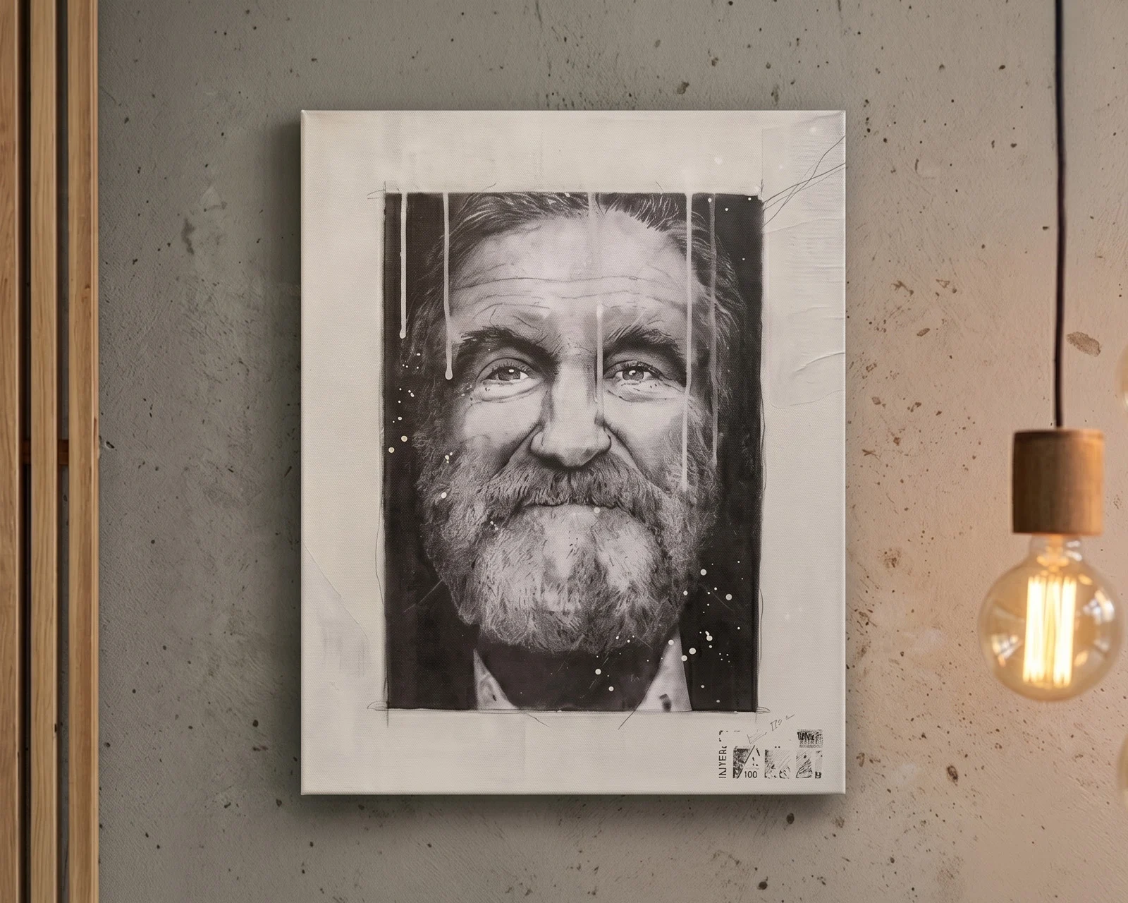 Robin Williams quadro acrilico ritratto schizzi bianco nero